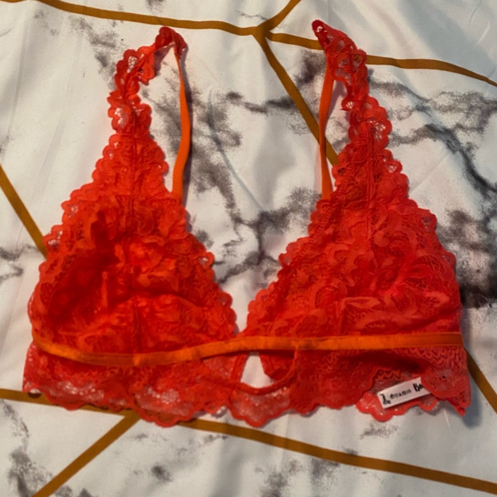 BootayBag bright orange lace bralette with peekaboo hole in front, size S NWT